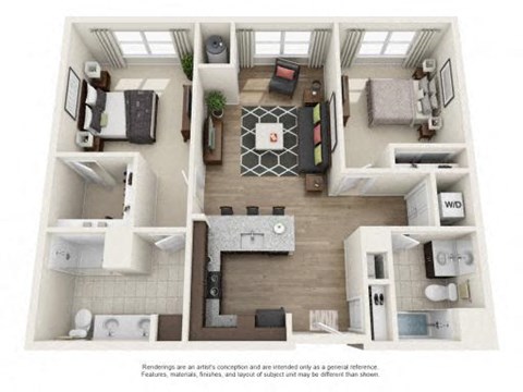 Floor plan for 2 beds, 2 baths, 1105 sqft